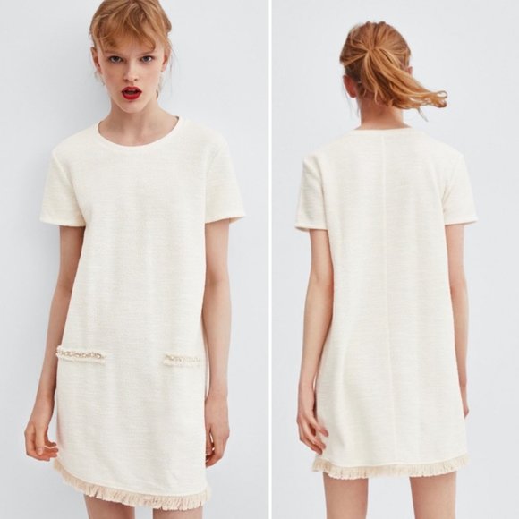 white fringe dress zara